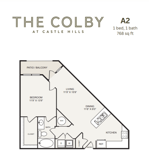 Floor plan for 1 bed, 1 bath, 768 sqft